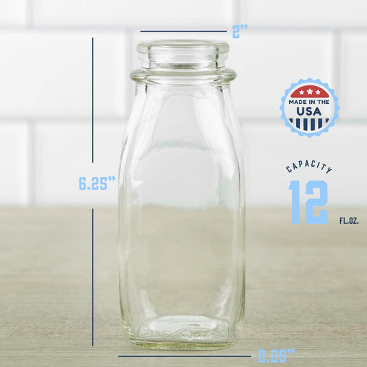 kitchentoolz 12 Oz Square Glass Milk Bottles with Lids (4 Pack) – Reusable Glass Creamer Bottles for Milk, Juice, and More – Includes Tamper-Proof Caps and One Silicone Pour Spout