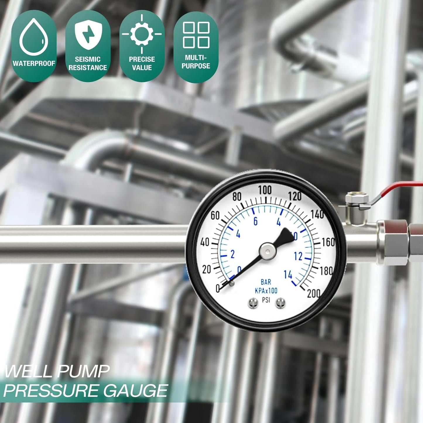 0-200psi Well Pump Pressure Gauge 1/4" NPT 2" Face Dial Size Back Mount, Multifunctional Practical Dry Pressure Gauge, for Water, Oil and Air Compressor