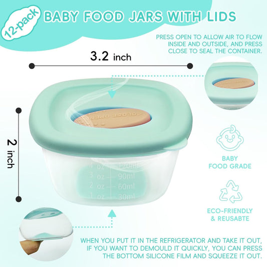 Leak-Proof Baby Food Storage Containers 12-Pack - 4oz BPA-Free Freezer & Microwave Safe Food Jars with Airtight Lids for Infants, Travel, Nurseries