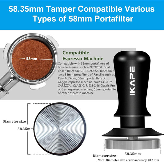 IKAPE 58.35mm Espresso Tamper, Premium Barista Coffee Tamper with Calibrated Spring Loaded, 100% Stainless Steel Base Tamper Compatible with Espresso Machine Rancilio, Gaggia Bottomless Portafilter