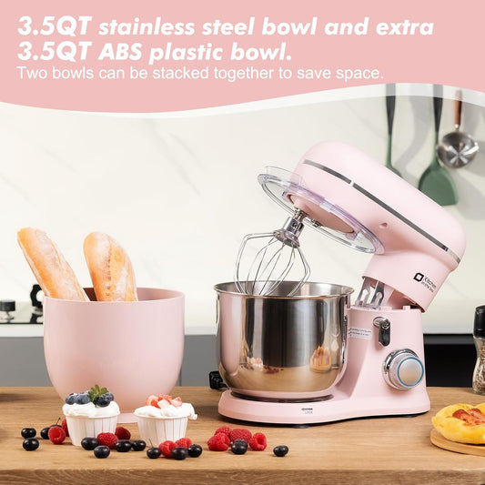 Kitchen in the Box Stand Mixer, 3.5QT Two Bowls Small Kitchen Electric Mixer, 10-Speed Portable Lightweight Matte Finish with Egg Whisk, Dough Hook, Beater (Rose Pink, 3.5QT)