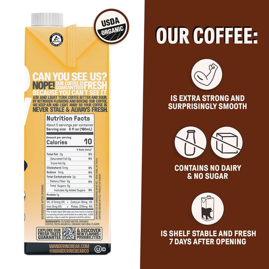 Wandering Bear Organic Caramel Cold Brew Coffee, 32 fl oz, 3 pack - Extra Strong, Smooth, Organic, Unsweetened, Shelf-Stable, and Ready to Drink Iced Coffee, Cold Brewed Coffee