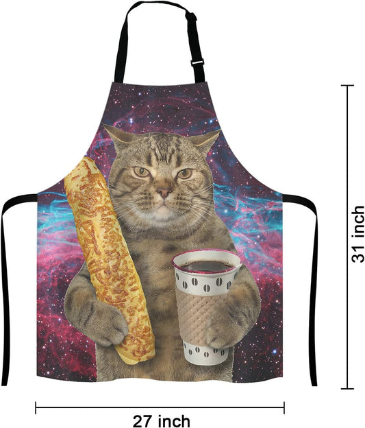 Funny Galaxy Cat Adjustable Bib Apron, The cat is holding a cup of black coffee and a baguette Cooking Kitchen Apron for Men Women