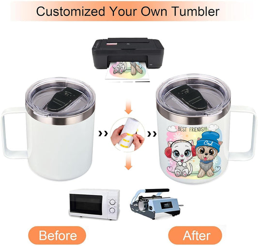 Volhoply 14oz sublimation Insulated Stainless Steel Coffee Mug with Lid Bulk 2 Pack,Double Wall Vacuum Travel Coffee Cup with Handle,Reusable Metal Cups Tumbler,Camping Mugs Keep Hot(Sublimation,2)