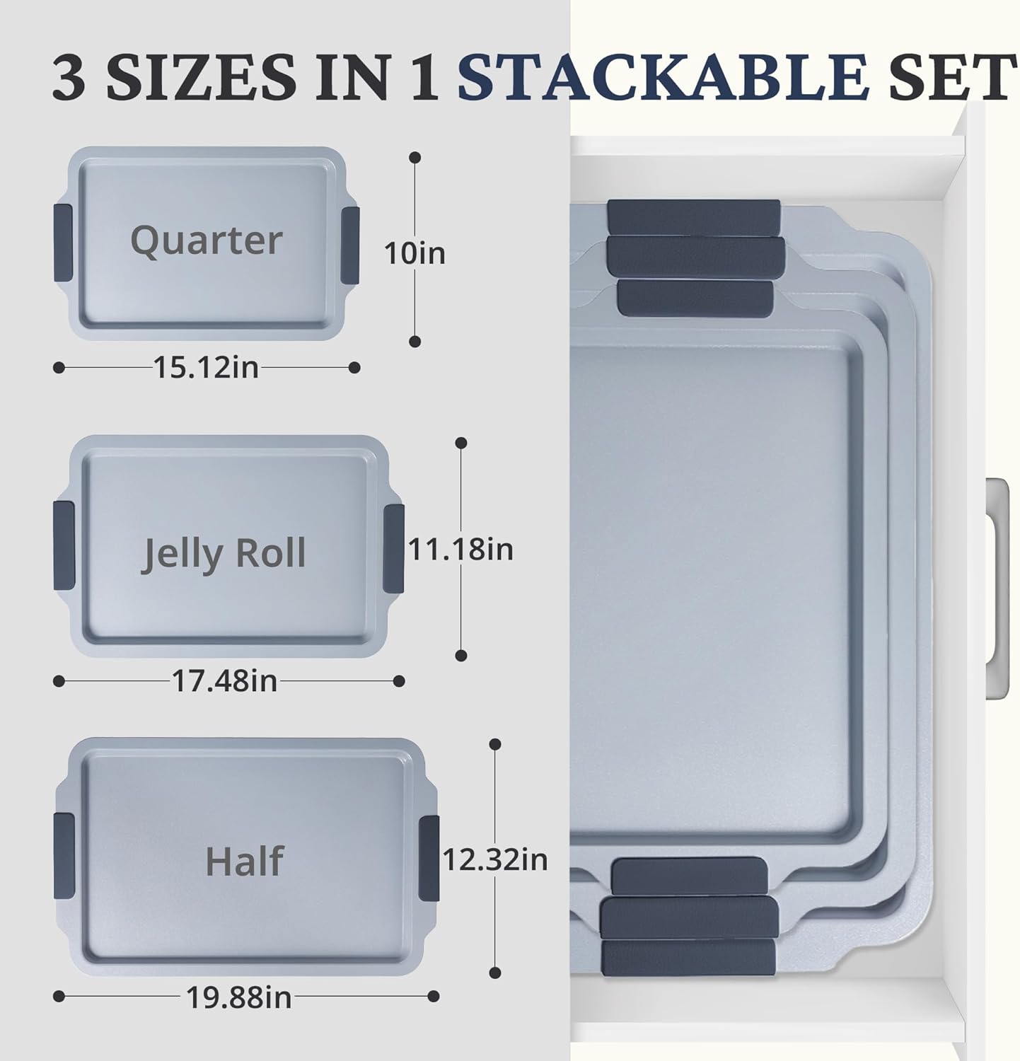 BRONYPRO Non Stick Ceramic Baking Sheet Pan Set of 3, Natural Non Toxic Cookie Sheets for Baking - PFOA, PTFE Free, Aluminized Steel Oven Trays for Cooking with Silicone Handles, Blue Gray