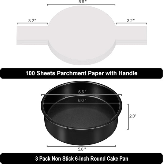 6 Inch Cake Pans Set of 3, Smash Cake Pans with 100PCS Parchment Paper for Layer Cakes, No-Stick Round Cake Pan Sets for Baking, Durable Baking Pan Set for Christmas Birthday, Dishwasher Safe