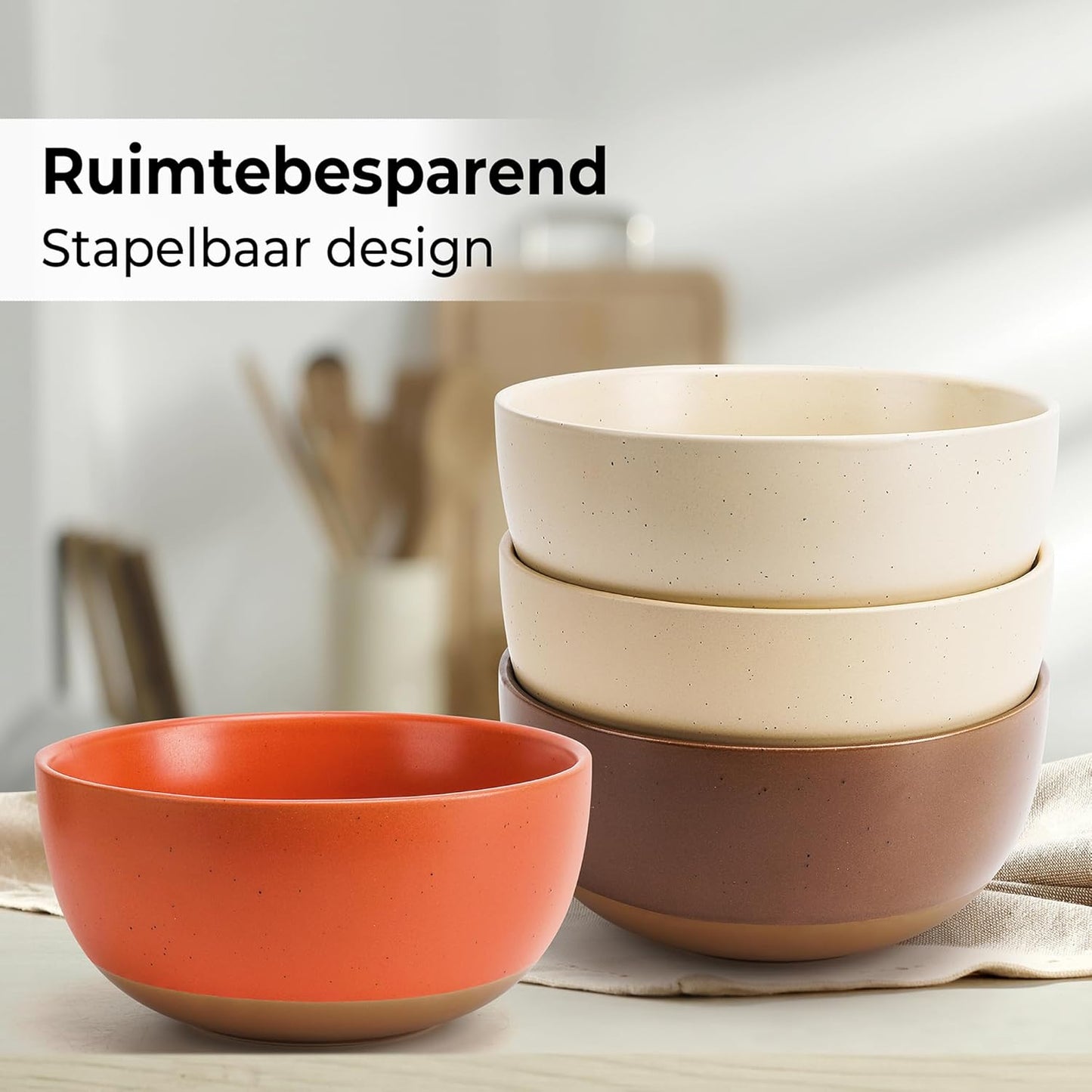 MIAMIO โ Set of 4, 28 Ounce Ceramic Soup Bowls/Cereal Bowl Set for Salad, Oatmeal, Fruit, Rice โ Dishwasher & Microwave Safe โ Aura Collection (Cozy Neutral, Bowls (4x))