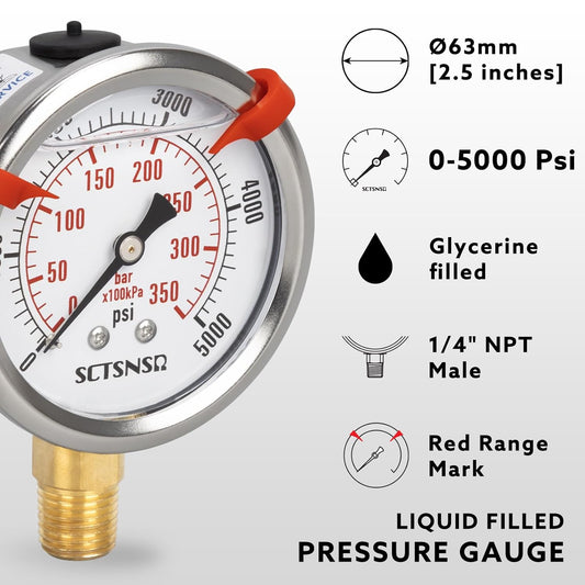 0 to 5000 Psi Hydraulic Pressure Gauge, Glycerin Liquid Filled, 2.5 inch Dial, 1/4" NPT Lower Mount, Stainless Steel Case, for Regulator, HVAC System, Beer Keg, Brew Setup,High Pressure Test