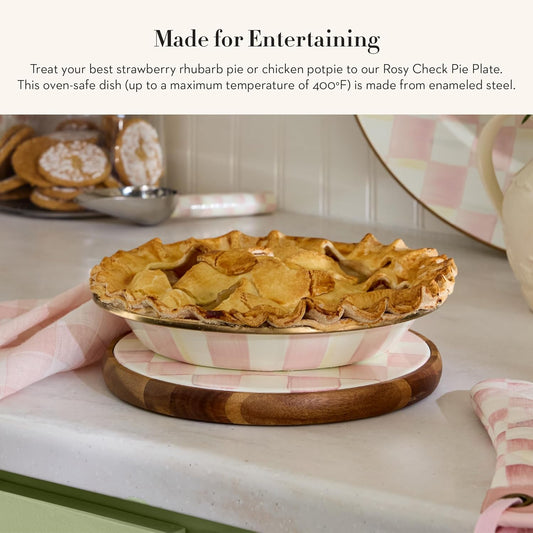 MACKENZIE-CHILDS Enamel Pie Plate, Ovenproof Pie Pan for Cooking and Serving, Pink-and-White Rosy Check