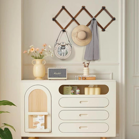 WGFKVAS 2 Pack Accordion Hat Rack for Wall - Expandable Coat Rack & Wall Mounted Hat Holder - Wooden Wall Hanger with 10 Peg Hooks for Coats, Baseball Caps, Keys & Mugs