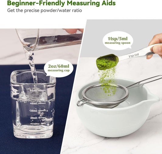 Matcha Tea Set 10-Pcs Kit, Whisk and Bowl with Spout & Measuring Spoon, Japanese Tea Making Tools, Grey
