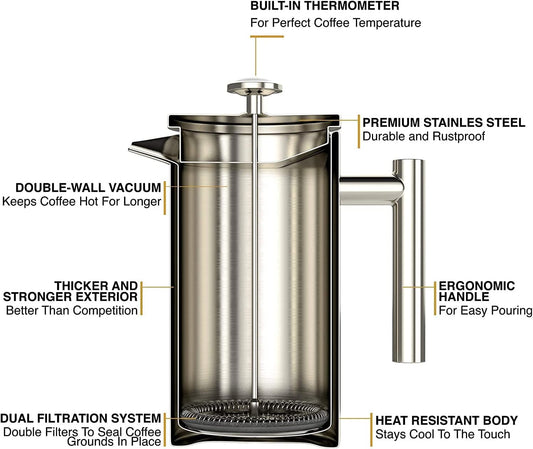 Barista Warrior French Press with Thermometer - Insulated Coffee Press - Stainless Steel Coffee Maker (1.0L, 34 fl oz, Silver)
