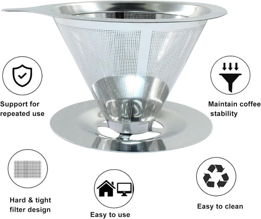 Waziaqoc Pour Over Coffee Dripper, Slow Drip Paperless Coffee Filter, Stainless Steel Pour Over Coffee Maker for 1-2 Cups Brew, Double Mesh Design of Manual Reusable Cone Filter