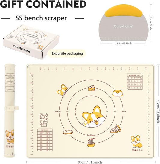 Ourokhome Silicone Baking Mat Sheet and Pastry Dough Cutter, 0.5 Inch Thick 32" X 24" BPA free Silicone Rolling Mat, Non-Stick and Anti-Slip, Dishwasher Safe (Beige)