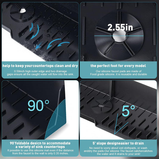 Silicone Kitchen Sink auto Drain Organizer, Kitchen countertop and Sink Splash Guard.Kitchen Sponge Rack and organizing Shelf,Suitable for Cleaning Tools, dispensers, Bottles, Cups (Black)