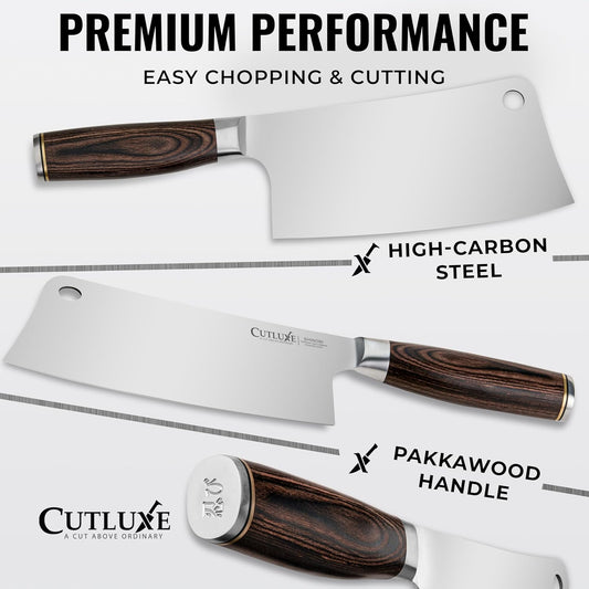 Cutluxe Meat Cleaver Knife – Ultra Sharp 7" Meat Cleaver, Butcher Knife, High Carbon Stainless Steel Blade, Full Tang Pakkawood Handle – Shinobi Series