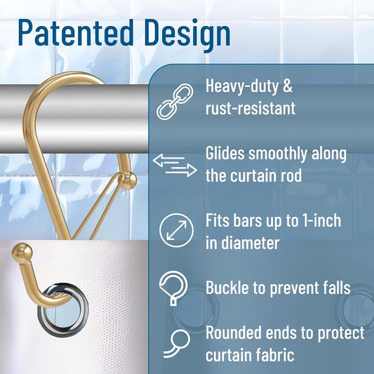 12 Decorative Metal Shower Curtain Hooks, S-Shaped Hooks with Anti-Fall System, Rust-Proof Shower Rings with Safety Buckle, Fits Rods Up to 1-Inch Diameter (S, Gold)
