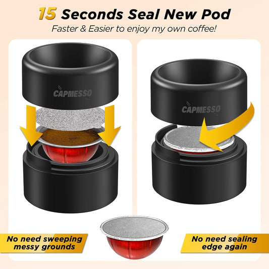 CAPMESSO Reusable Vertuo Pod Refill Kit, Faster Seal Reusable Nespresso Vertuo Pods with Fill & Press Brush,100pcs Aluminum Foil Lids for Refillable Nespresso Pods Vertuo