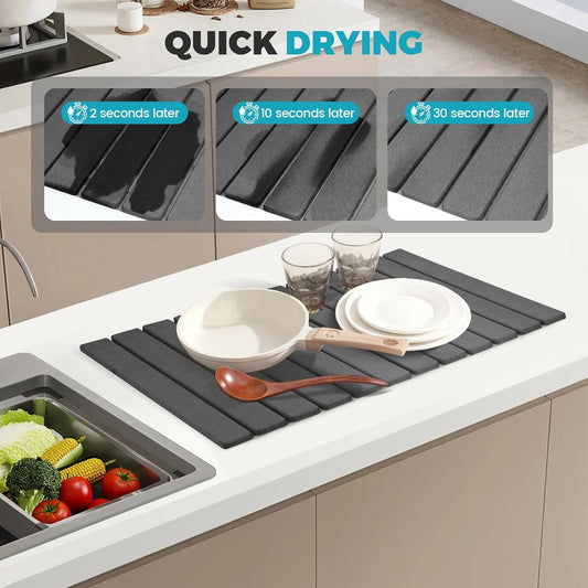 Extral Large Quick Dry Stone Drying Mat for Kitchen Counter,28"(L)x16"(W) Collapsible Eco-Friendly Absorbent Diatomaceous Earth Mat for Dishes Cups,Dish Drying Mats for Any Countertop 