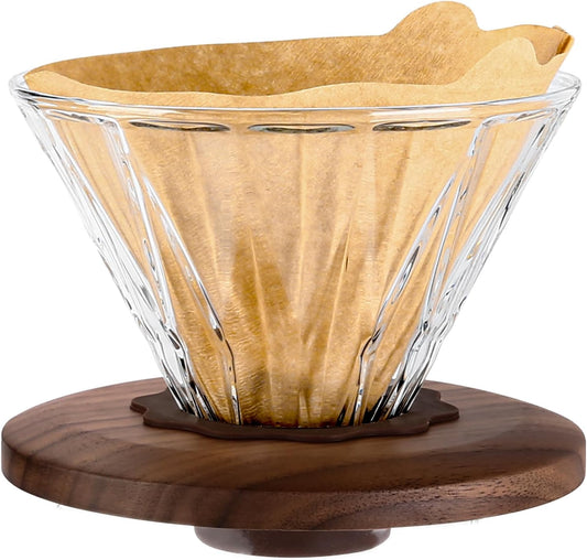 Glass Coffee Dripper with 100 pcs of Size 02 Paper Filter, Borosilicate Glass & Walnut Collar, Pour Over Coffee Maker, 1-3 Cups, Clear