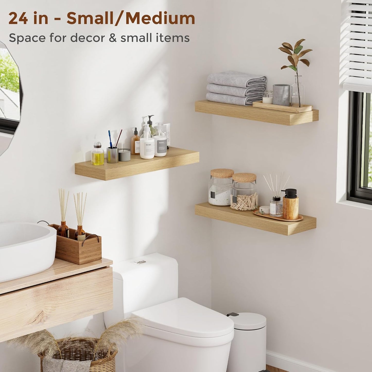Heimlove 48 Inch Floating Shelves for Wall 8 Inch Deep Oak Shelves Set of 2,Wall Mounted Rustic Wood Long Floating Shelf,Large Display & Storage Shelf with Invisible Brackets