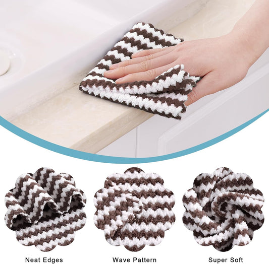 Homaxy 12 Pack Kitchen Dish Cloths, Ultra Soft and Absorbent Dish Towels, Reusable Fast Drying Microfiber Cleaning Cloth, Coral Velvet Wave Design No-lint, 10 x 10 inches, Brown