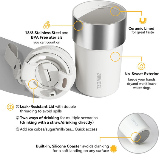 Insulated Travel Coffee Tumbler Mug - Ceramic Inner Wall Reusable Iced Coffee Cups Bottle with Lids, Stainless Steel Insulated Cold Brew Water Tumbler with Straw, BPA Free 16 Oz Water Bottle