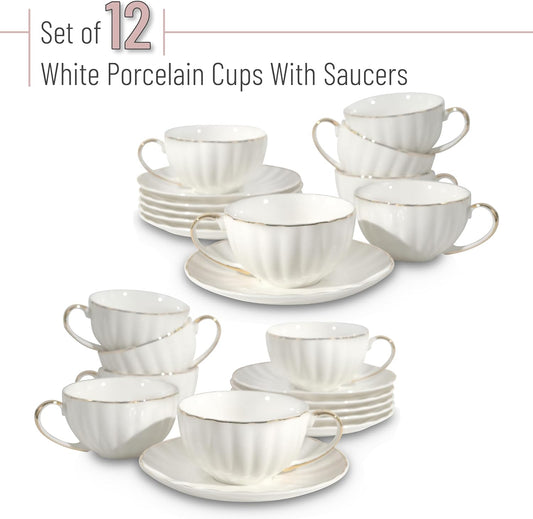 BTaT- White Tea Cups and Saucers Set of 12 (7 oz), Porcelain White Tea Cup Set of 12 with Golden Trim Design, Dishwasher Safe