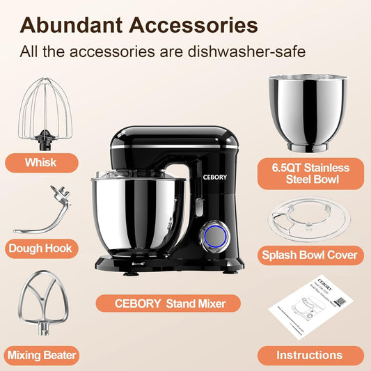 3-IN-1 Electric Stand Mixer, 6.5QT Bowl 660W 10-Speed Kitchen Mixer, Household Food Mixers include Dough Hook, Beater and Whisk, Bread Cake Mixer for Baking and Most Home Cooks, Black