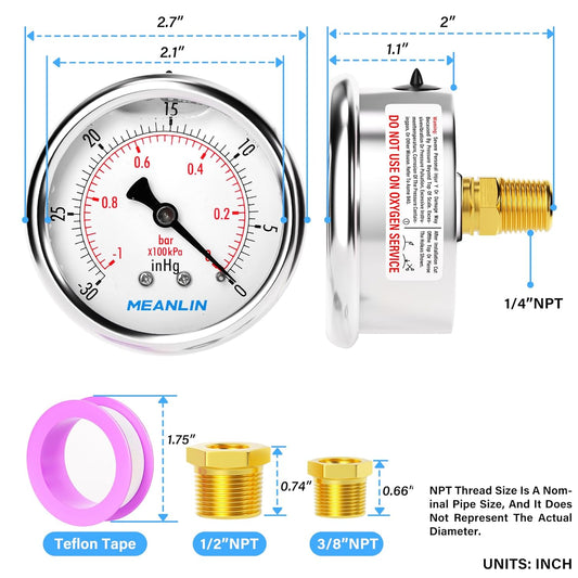 MEANLIN MEASURE -30inHG~0Psi Stainless Steel 1/4" NPT 2.5" FACE DIAL Vacuum Pressure Gauge, Center Back Mount, with 1/4" x 1/2" NPT and 1/4" x 3/8" NPT Hex Bushing