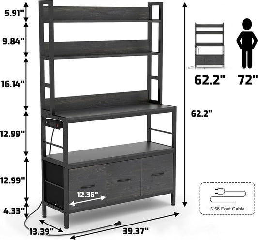 Bakers Rack with Power Outlet,5-Tier Free Standing Kitchen Storage Shelf Bakers Rack with Baskets,Industrial Microwave Oven Stand,Metal Kitchen Rack Organizer with Hooks(Black)