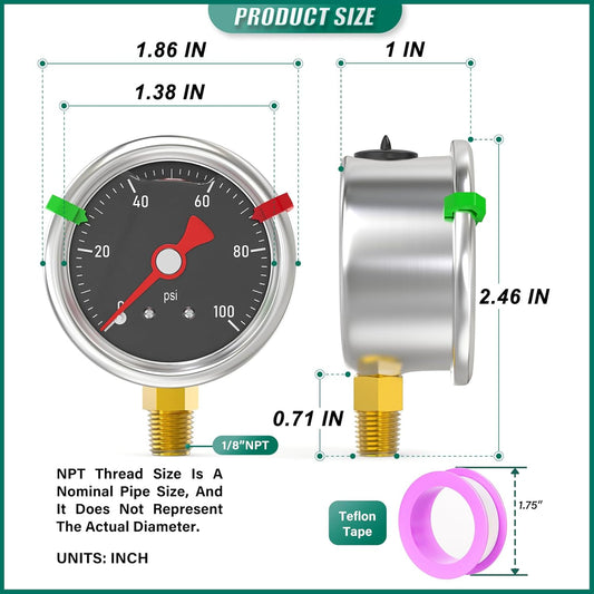 0-100PSI Stainless Steel Glycerin Filled Pressure Gauge 1.5" Black Dial Size, 1/8" NPT Lower Mount, for Tube, Water Pump, Gas, Liquid, Pressure Test (with Range Mark Pointer)