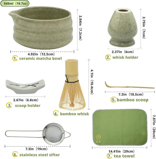 Matcha whisk Set,7 Pcs Matcha Making Kit with whisk Whisk, Ceramic Bowl, Sifter, Scoop, Holder, Stand, and Tea Towel for Ultimate Matcha Experience(Mottled Green)