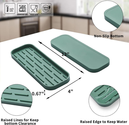 Silicone Kitchen Sink Organizer Tray for Multiple Usage,Eco-Friendly Sponges Holder for Kitchen Bathroom Counter or Sink,Dish Soap Dispenser,Scrubber,Bottle,Cup (Green, 12"×4")