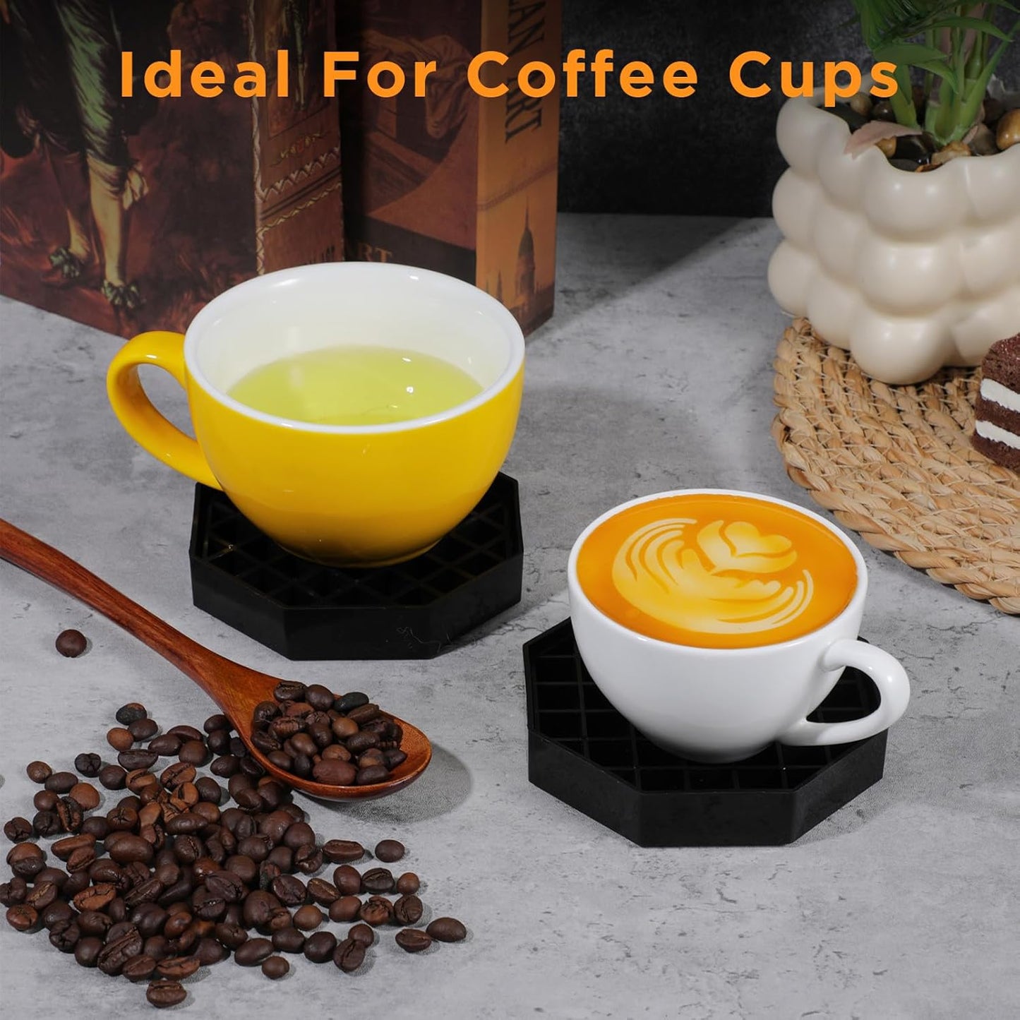 Set of 8 Coffee Countertop Drip Trays, 4" Octagon Shape, Black Plastic with Honeycomb Grid Design for Bars, Restaurants, and Drink Dispensers.
