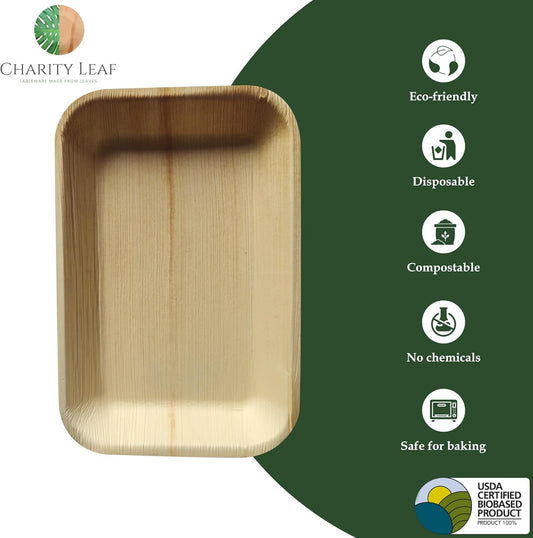 Charity Leaf Eco-Friendly Palm Leaf Trays (50-Pack) - 9"x6" | Elegant Bamboo-Style Platters | Perfect for Weddings & Events | Compostable & Biodegradable Green Serveware