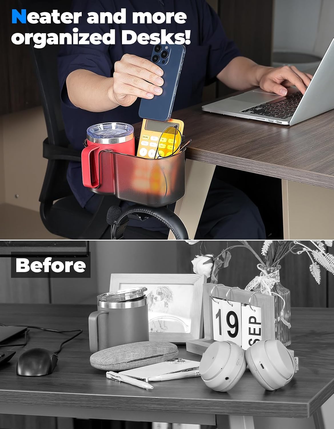 KEMIMOTO Desk Cup Holder with Headphone Hanger, 2 in 1 Caddy Organizer for Office Table, Lawn Chair, Golf Cart, Pontoon Boat, Fit for Most 18-32 oz Bottles