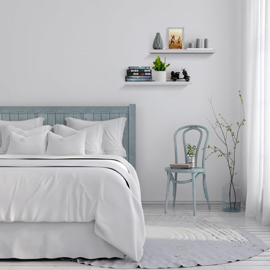 Meangood Floating Shelves White 17 inch Wall Mounted Natural Bamboo Wood Wall Storage Shelves for Bedroom,Living Room,Bathroom, Kitchen(Set of 2)