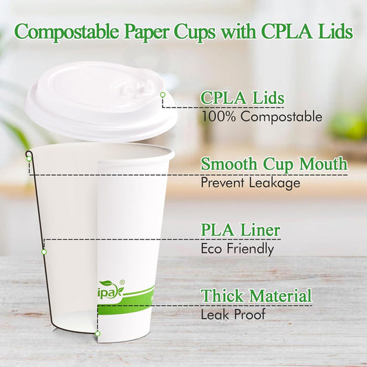 ECOLipak 100 Count 12 oz Compostable Paper Coffee Cups, Biodegradable Disposable Coffee Cups with CPLA Lid, Eco-friendly Hot Drinking Cups for Party, Picnic, Travel, and Events