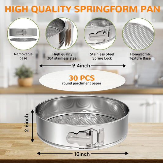 10 Inch 304 Stainless Steel Springform Pan with Removable Bottom, Nonstick Round Spring Form Cheesecake Pan with 30 Pcs Parchment Paper Liners