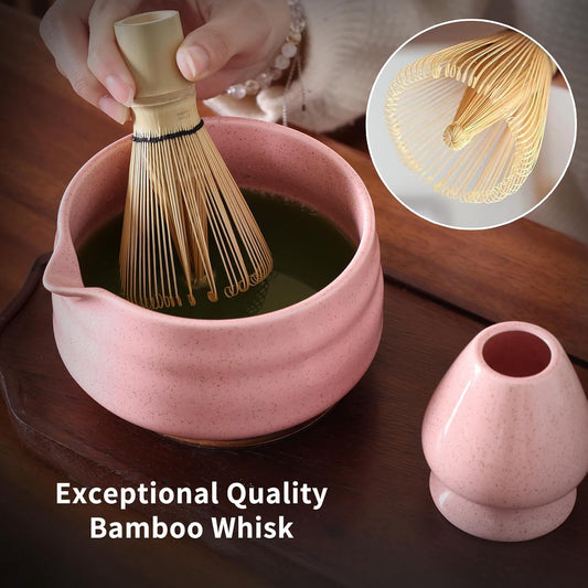 Japanese Matcha Whisk Set - 7-Piece Kit Bamboo Chasen, Ceramic Bowl with Spout, Stainless Steel Sifter & Holder Pink