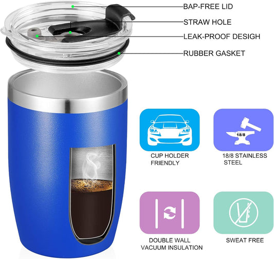 VEGOND Stainless Steel 12 oz Tumblers bulk Vacuum Insulated Double Wall Travel Tumbler with Lid and Straw Reusable Tumbler, Royal Blue 1 Pack