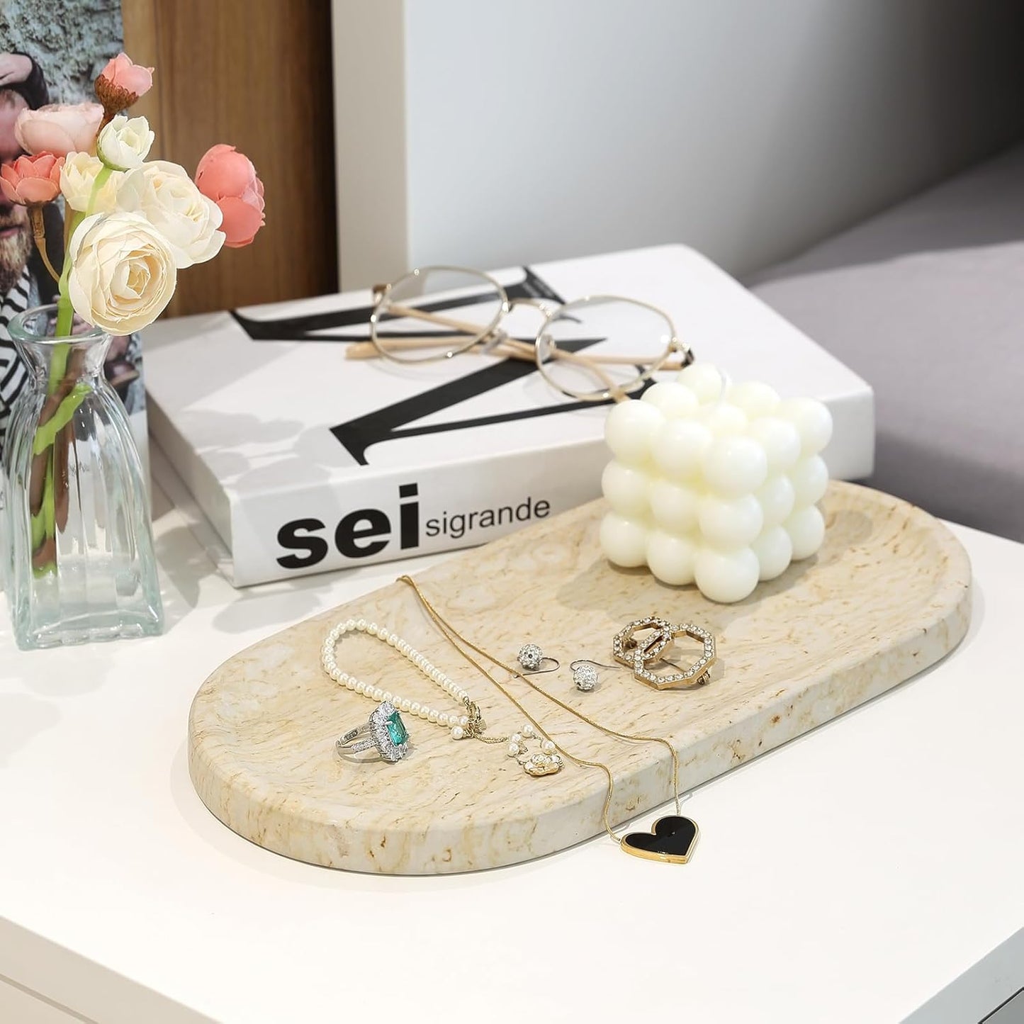 Koville Natural Marble Tray for Home Decor, 12"x6" Marble Vanity Tray for Dresser, Stone Perfume Organizer Jewelry Dish for Bathroom, Stone Catchall Storage Trays for Candles