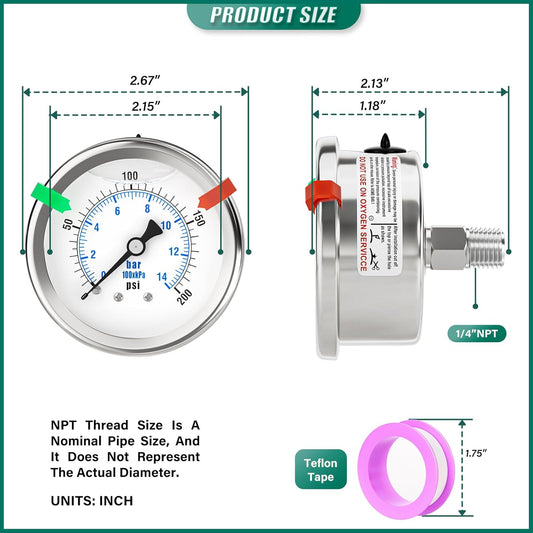 0-200PSI Stainless Steel Liquid Filled Pressure Gauge, 2.5" Dial Size, 1/4" NPT 316 Stainless Steel Joint, Back Mount, for Tube, Water Pump, Gas, Liquid (with Range Mark Pointer)