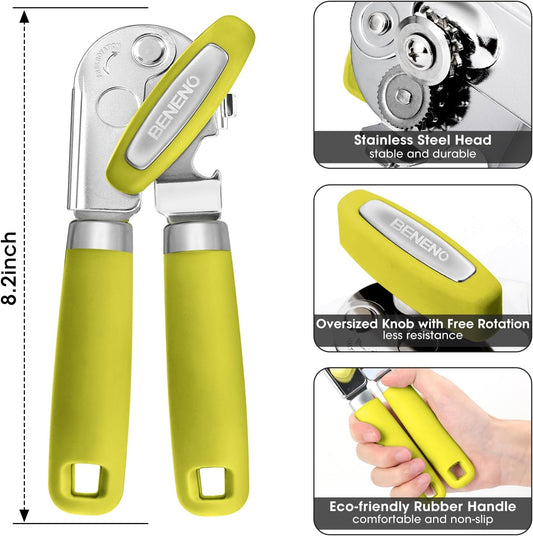 Beneno Can Opener Manual with Magnet, Hand Held Heavy Duty Can Opener with Durable Sharp Blade Smooth Edge, Big Effort-Saving Knob, Soft Grip Rubber Handle, Multifunctional Bottle Opener, Lime Green