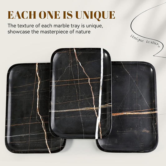 Koville Marble Tray, 12"x8" Marble Vanity Tray for Bathroom Kitchen Countertop, Rectangular Stone Tray for Cosmetics Perfume Trinket, Decorative Catchall Trays (Black)