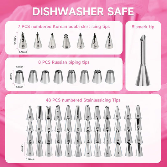 Cake Decorating Kit,137pcs Cake Decorating Supplies with Cake Turntable for Decorating,Pastry Piping Bag,Russian Piping Tips Baking Tools, Cake Baking Supplies for Beginners(Pink)