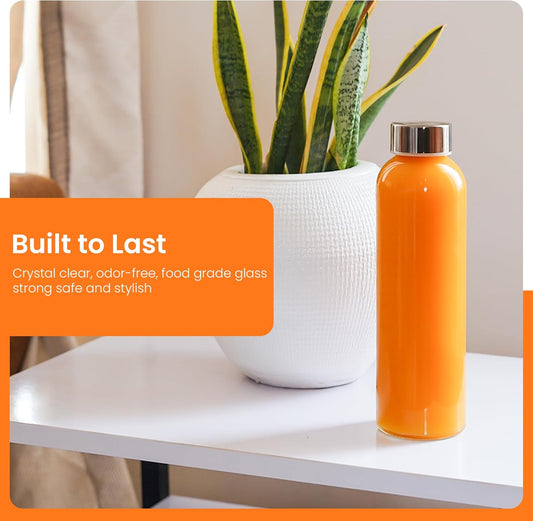 Epica 18-Oz Glass Water Bottles with Lids, Juice Bottles - BPA Free & Eco-Friendly Reusable Refillable Bottles for Juicing, Set of 4 - Clear