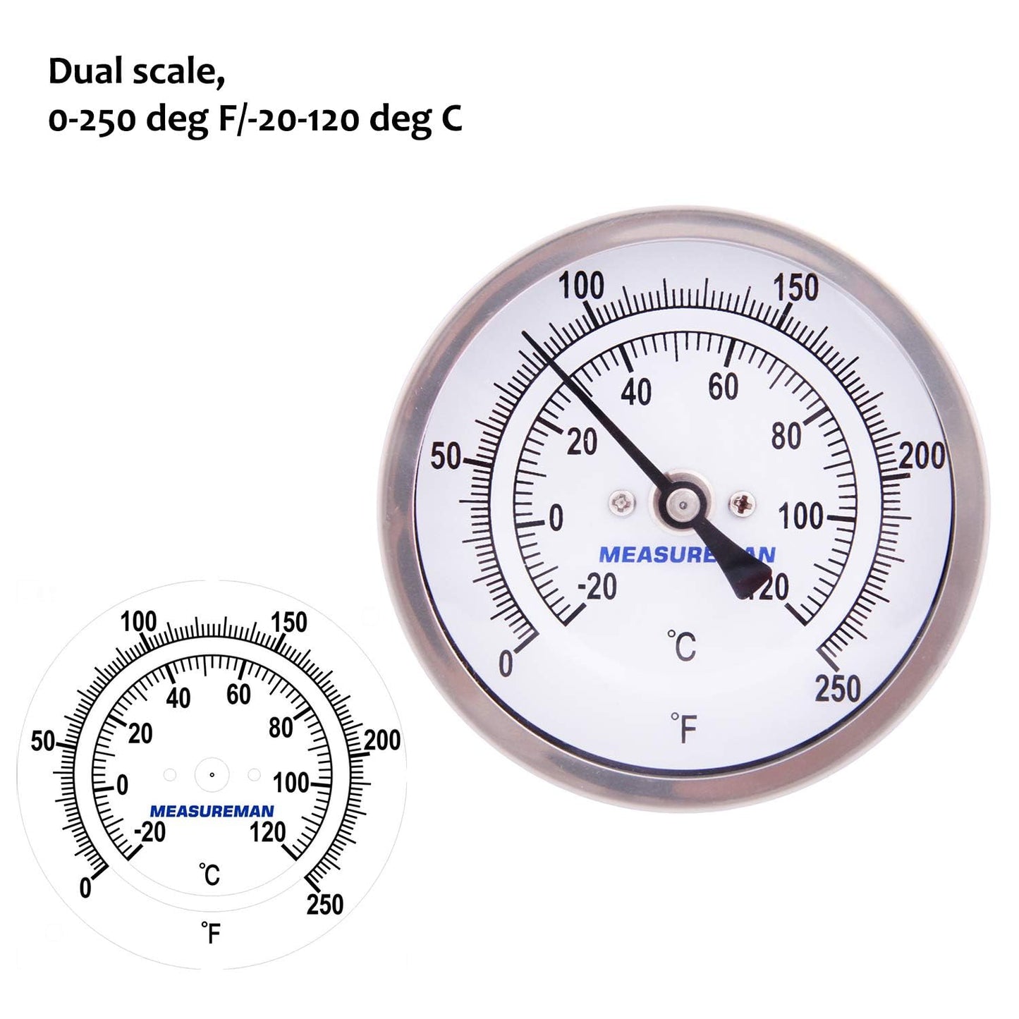 MEASUREMAN Fully Stainless Steel Pot, Kettle, Brewing Bimetal Thermometer, 3" Dial, 2-1/2" Stem, 0-250 deg F/-20-120 deg C, -1% Accuracy, Adjustable, 1/2" NPT Back Mount (2 Pack)