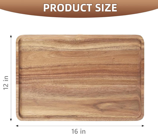 2 PCS 16 x 12 in Large Solid Acacia Wood Serving Trays Rectangular Wooden Serving Platters Natural Wooden Boards for Bar Coffee Party(Wood Log Color)
